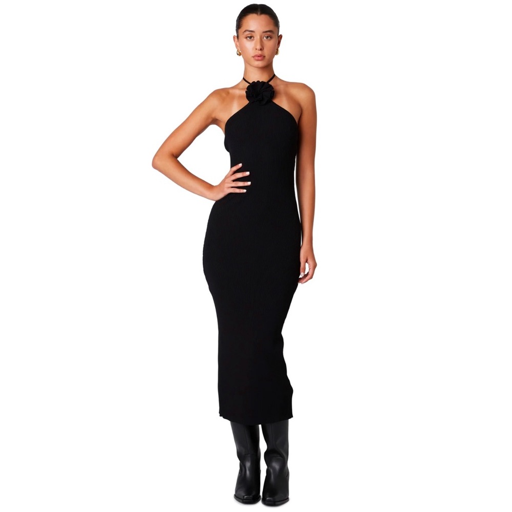 Black Halter Midi Dress with Floral Neck Detail